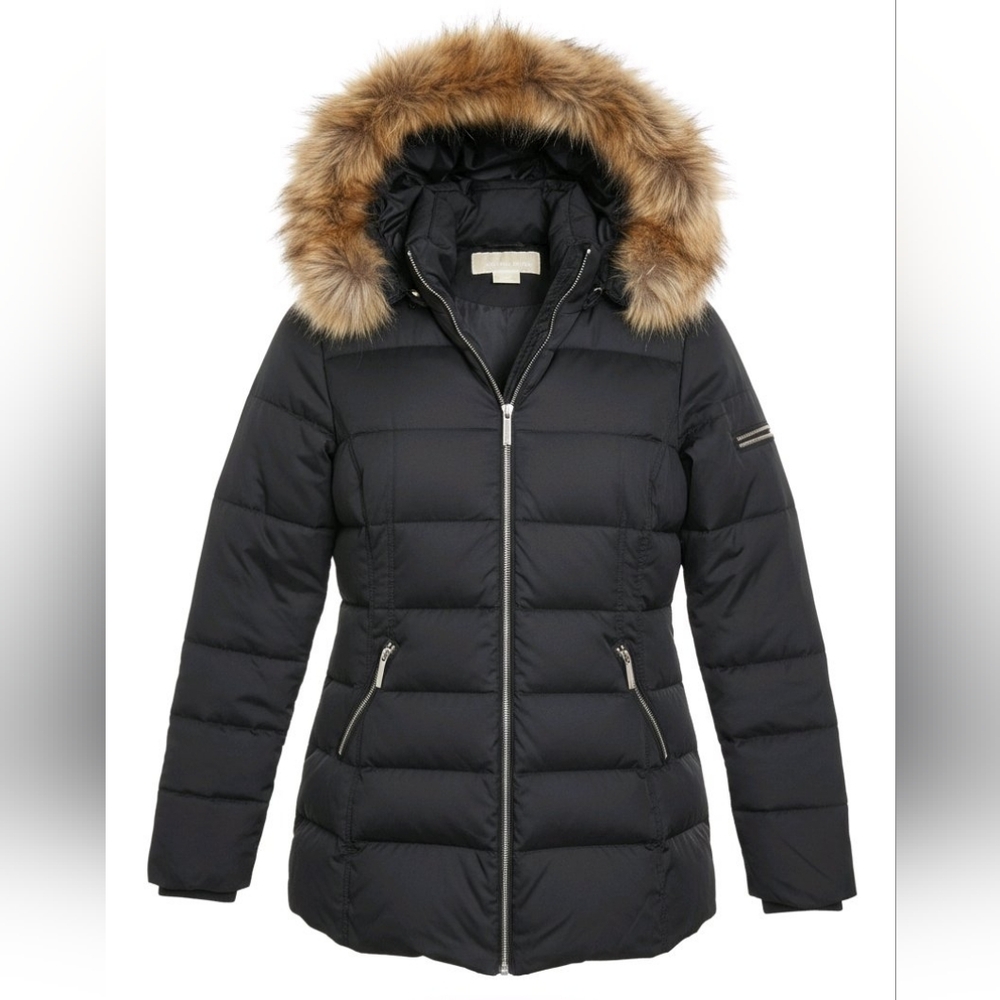 Women's Michael Kors Black Down Puffer Jacket with Real Fur Trim